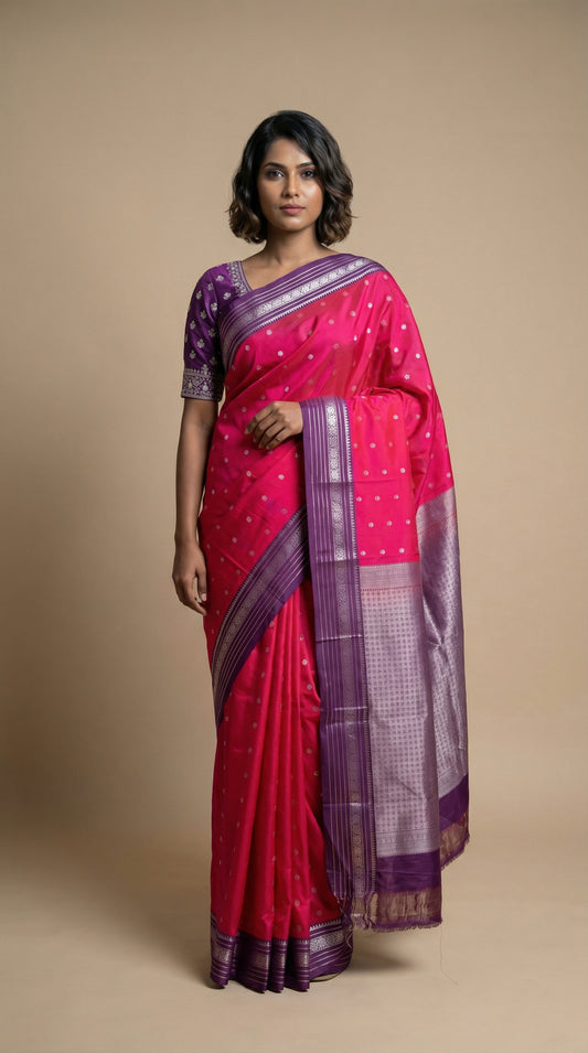 Reddish Pink and Purple semi silk saree