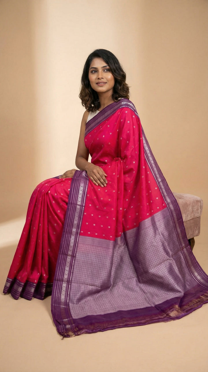 Dual Tone Pink and Purple Butta semi silk saree
