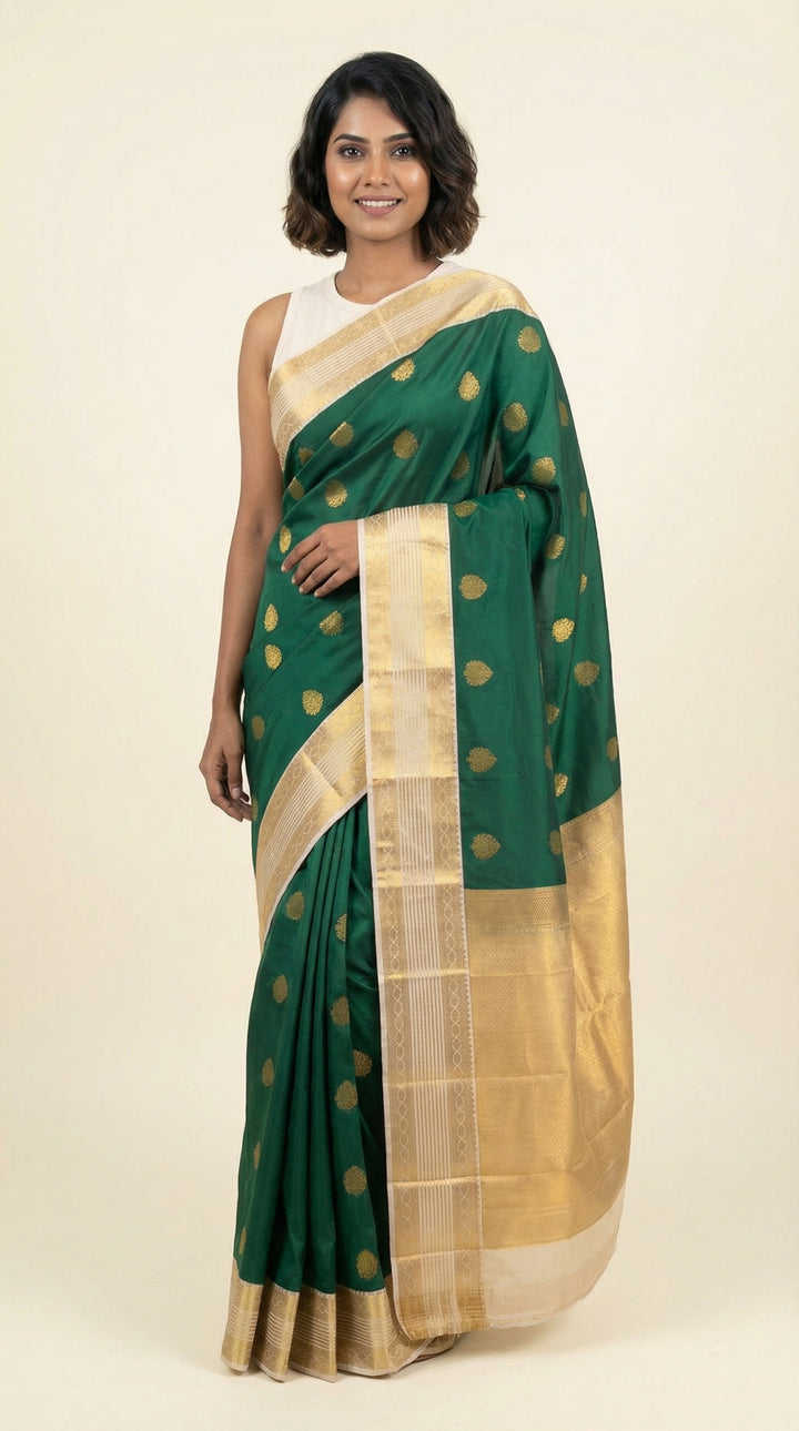 Bottle green and Offwhite Butta semi silk saree