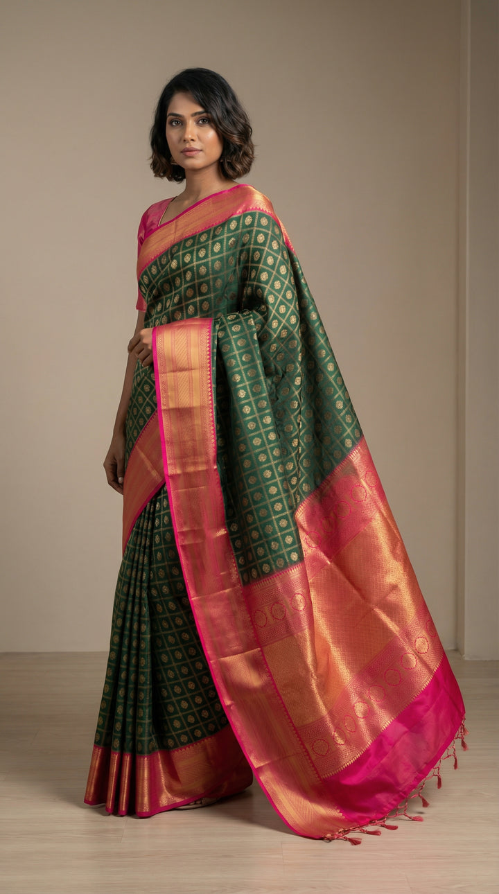 Bottle Green and Pink kanchi soft silk saree