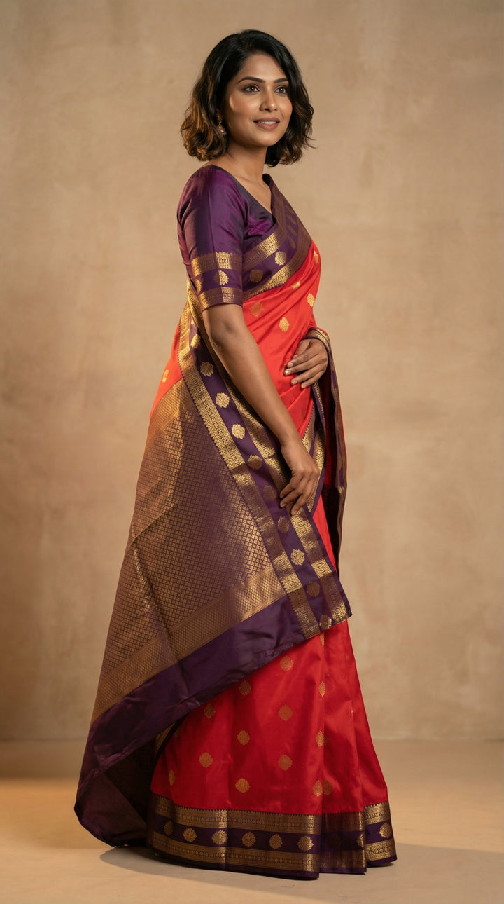 Bright orange and Plum purple  Retta Patta Border semi silk saree