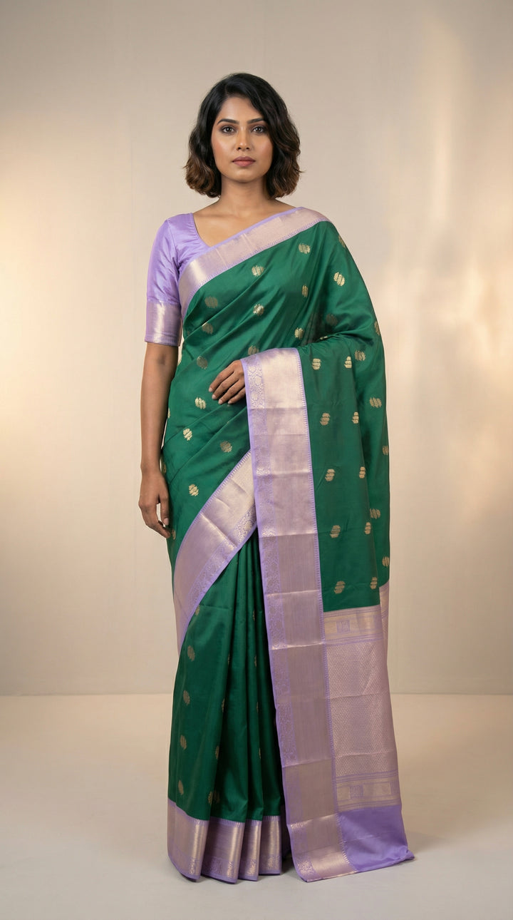 Forest green and Lavender Semi silk saree