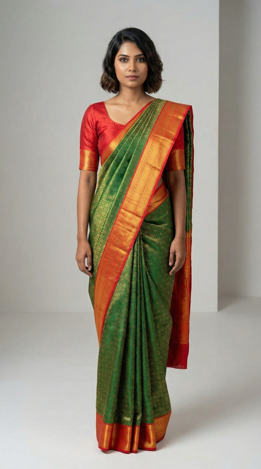 Green designer brocade semi silk saree