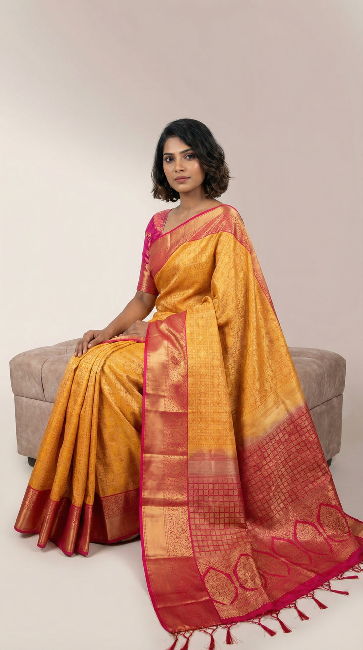 yellow Orange and Pink Designer soft silk saree