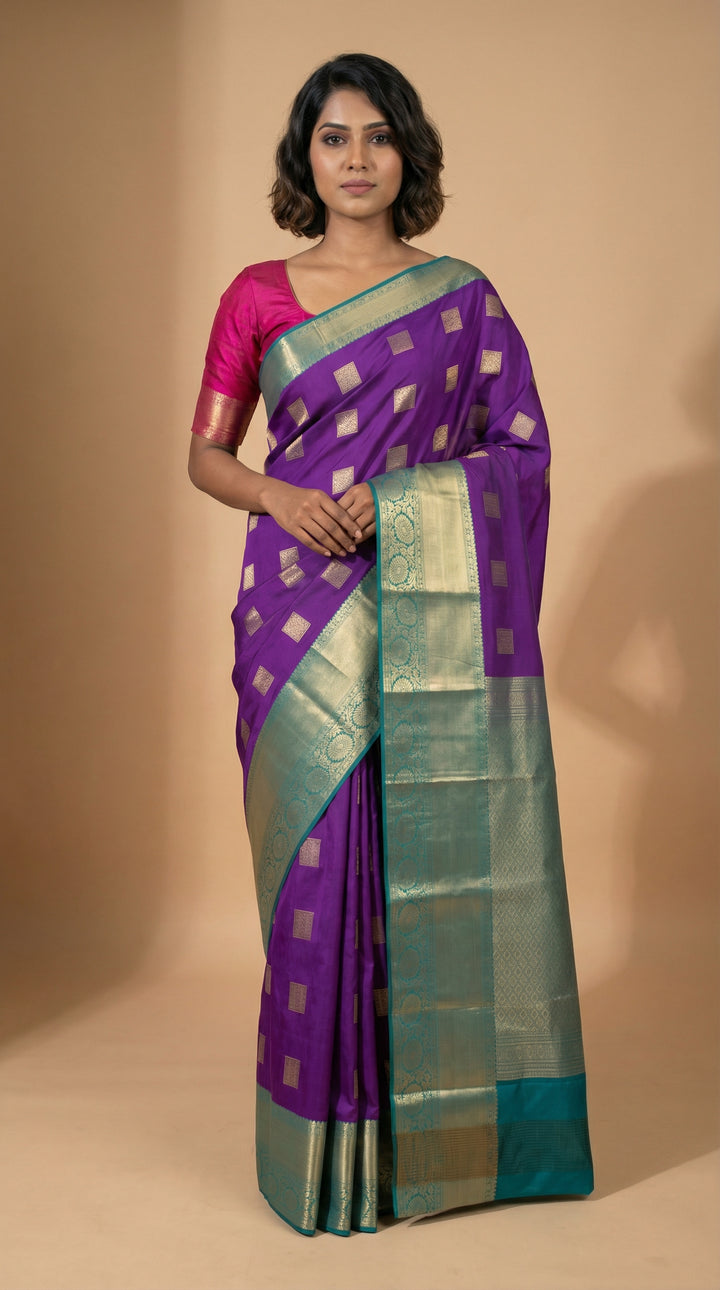 Violet and Teal green kanchi semi silk saree