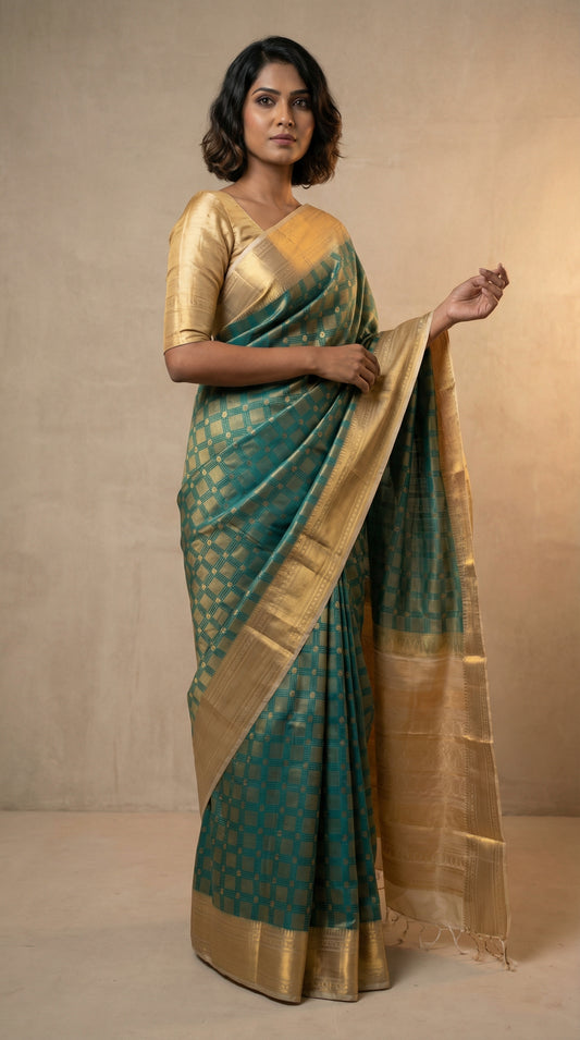 Teal green and Off white soft silk saree