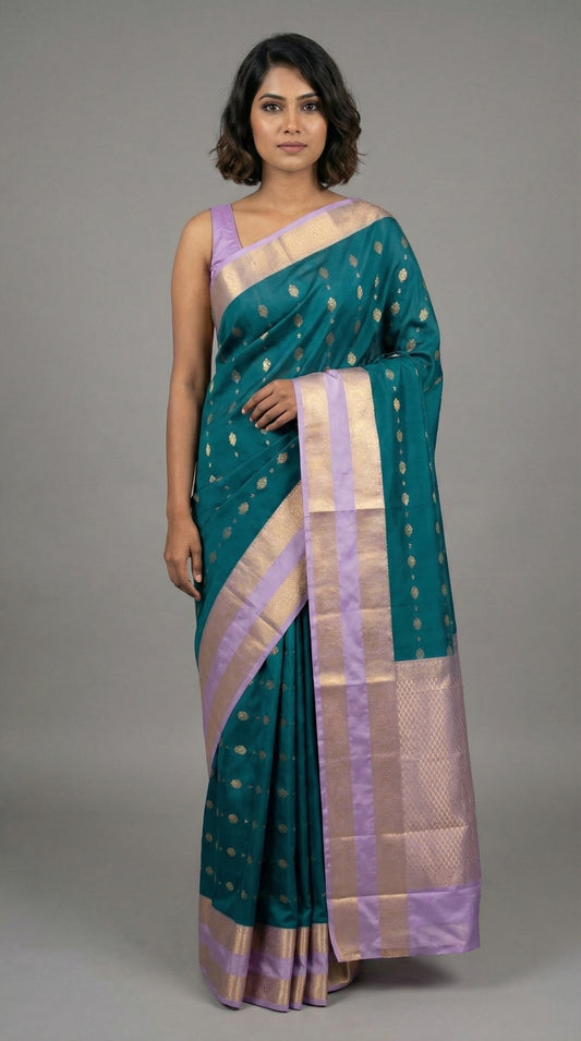 Teal Blue and Pastel Lavender Butta semi silk saree