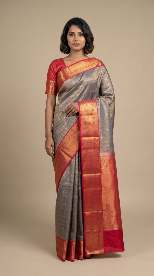 Steel grey and Rani pink pure touch silk saree