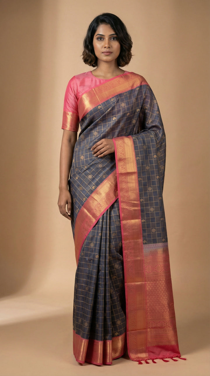 Steel grey and Dazzle pink soft silk saree