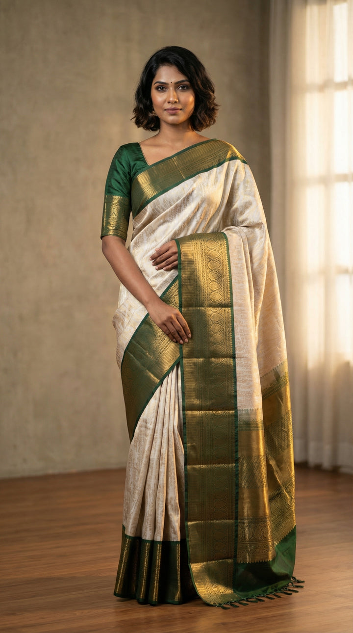 Silver grey and Forest green soft silk saree