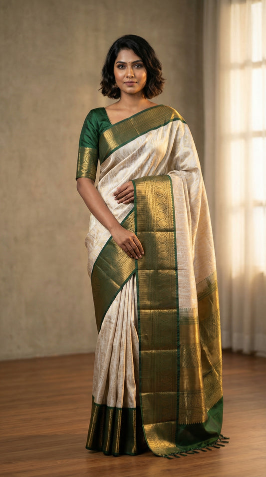 Silver grey and Forest green soft silk saree