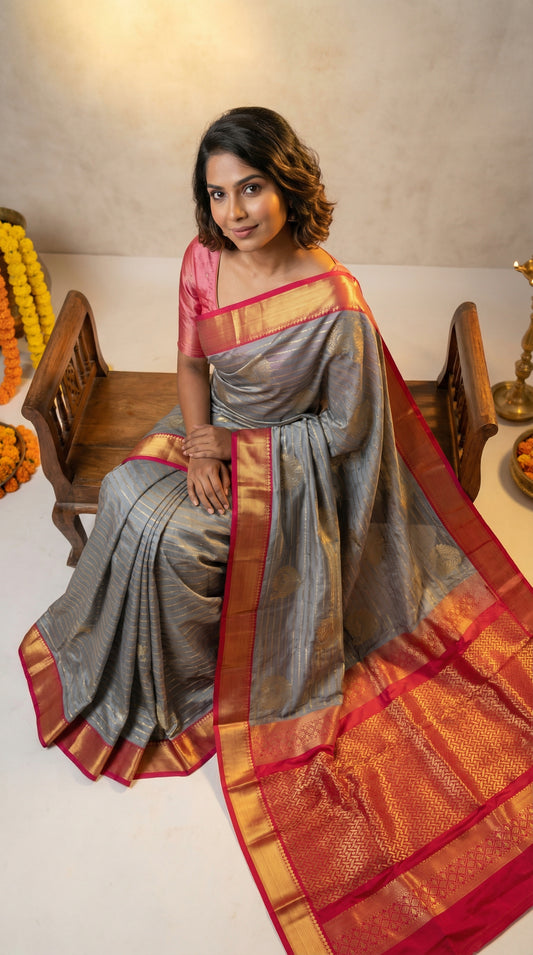 Ice Grey and Rani pink semi silk saree