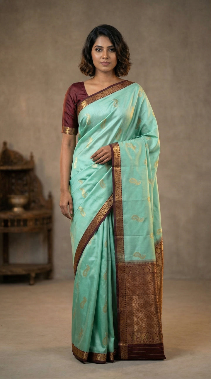 Seafoam Green and Garnet Maroon Small Border semi silk saree