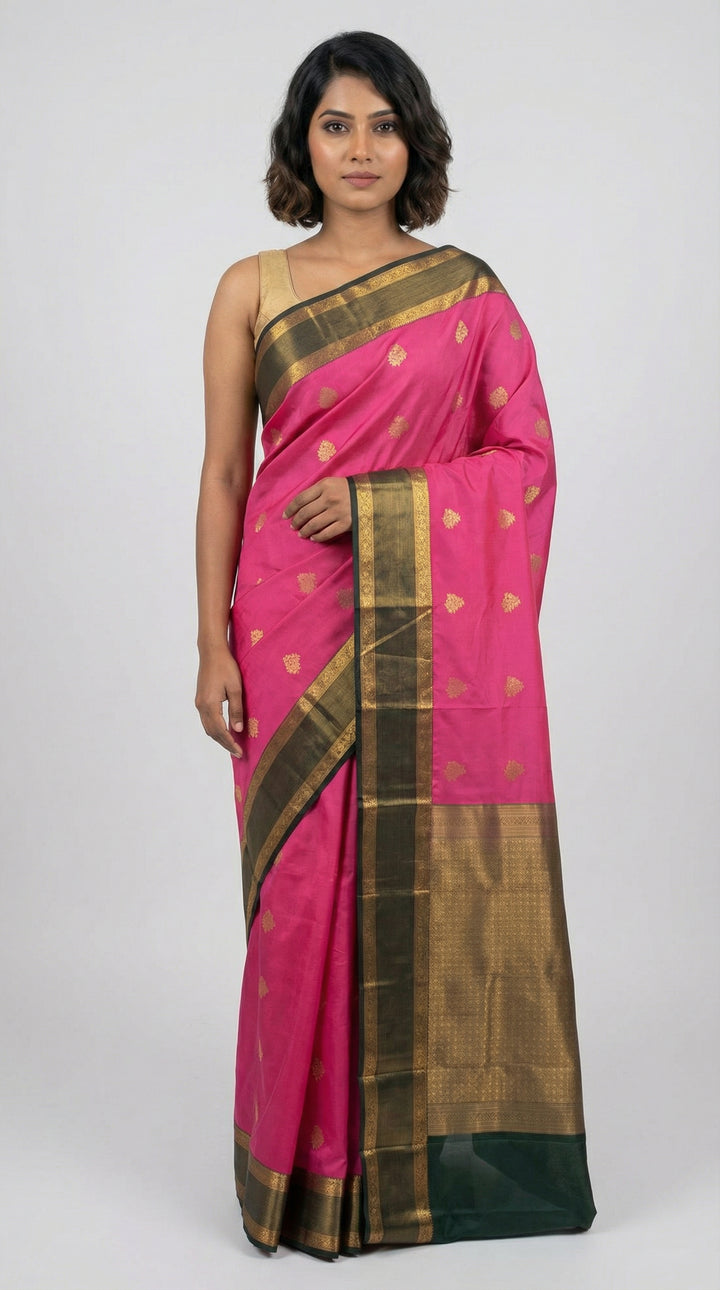 Rose Pink and Bottle green Korvai semi silk saree