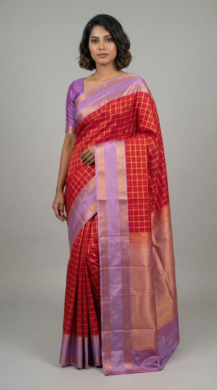 Raspberry Pink and Lavender Retta Patta Border semi silk saree
