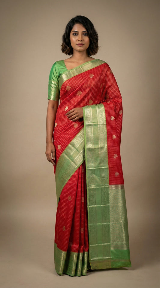 Aqua green and reddish pink semi silk saree