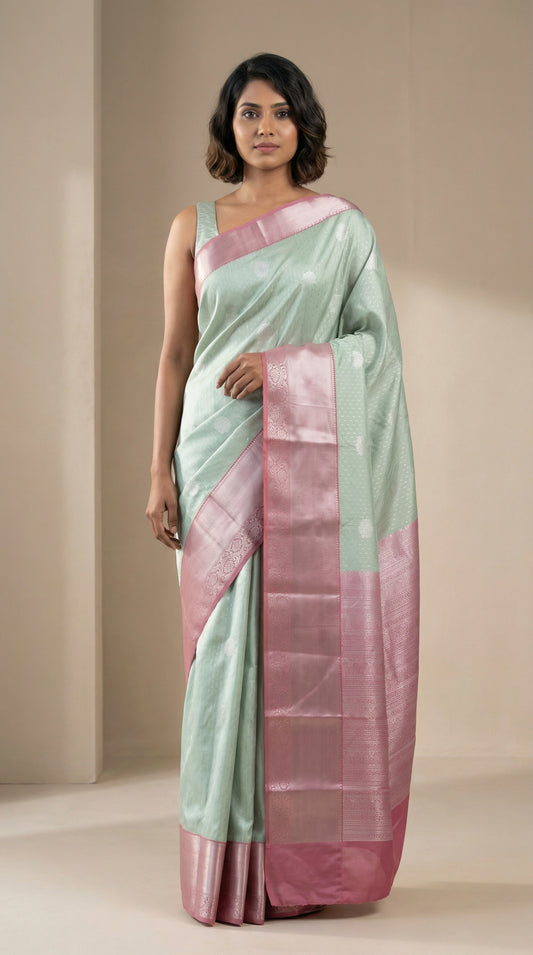 Powder blue and Rosewood Pink soft silk saree