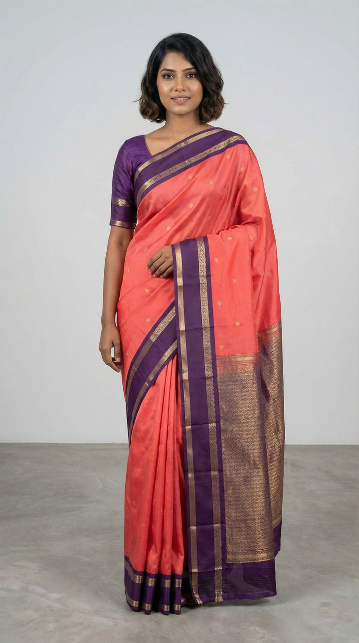 Pinkish Red and Purple semi silk saree