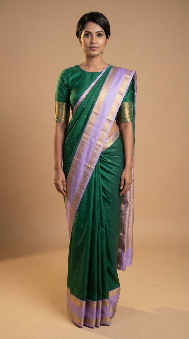 Pine green and Pastel Lavender Retta Patta Border semi silk saree