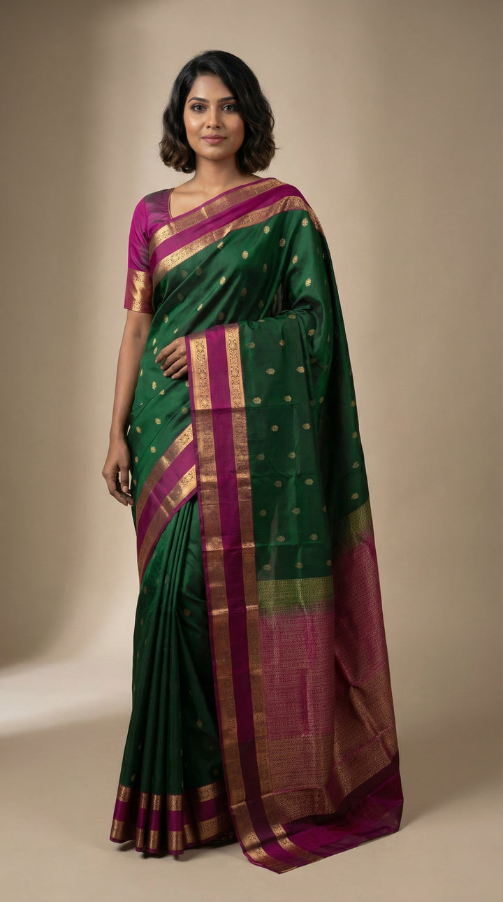 Pine green and Orchid purple Retta Patta Border Pure Touch silk saree
