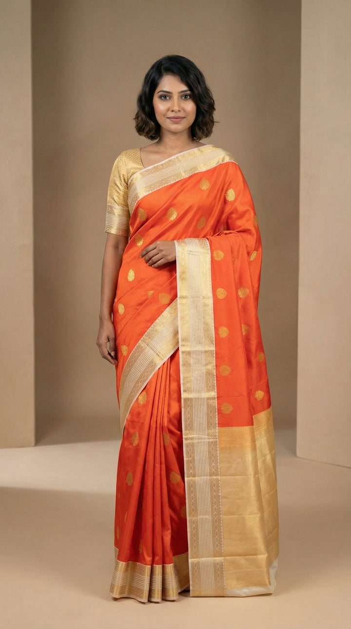 Persimmon orange and Offwhite semi silk saree