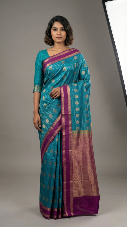 Peacock Blue and Purple Semi Silk Saree