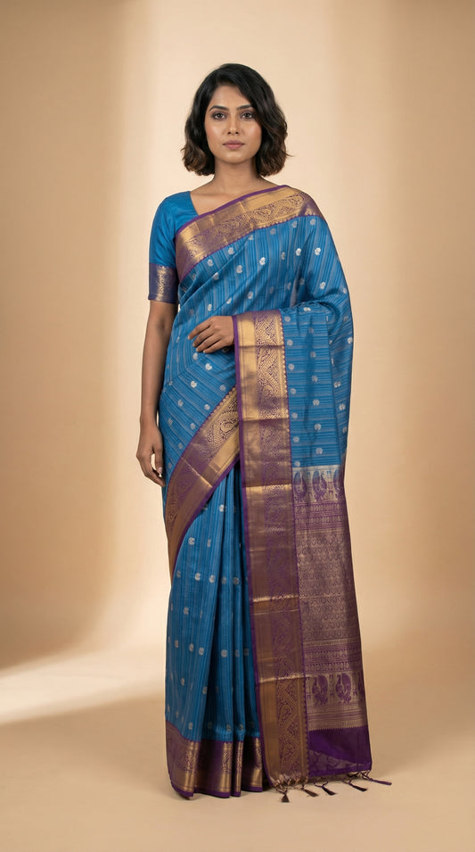 Peacock blue  and True purple kanchi soft silk saree