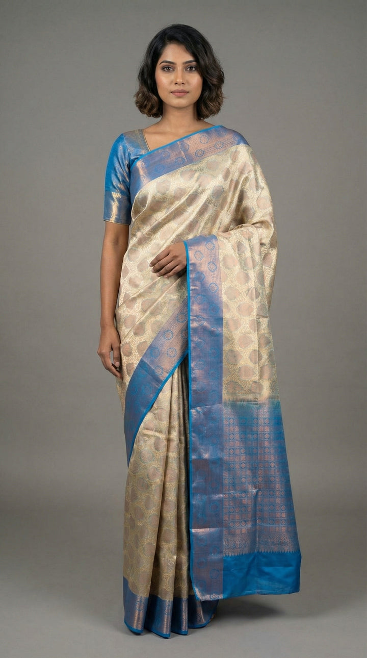 Pastel green and blue semi silk saree
