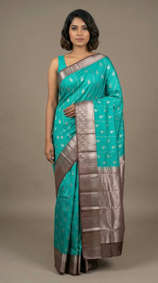 Aqua green chocolate pure touch silk saree