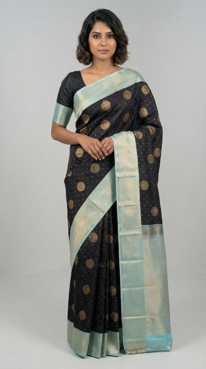 Black and Baby Blue Semi Silk Saree