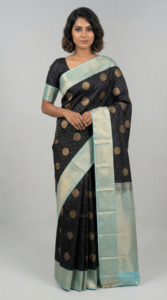 Black and Baby Blue Semi Silk Saree