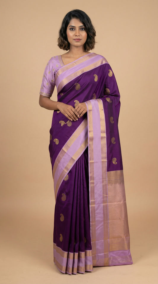 Orchid purple and Lavender Retta Patta Border semi silk saree