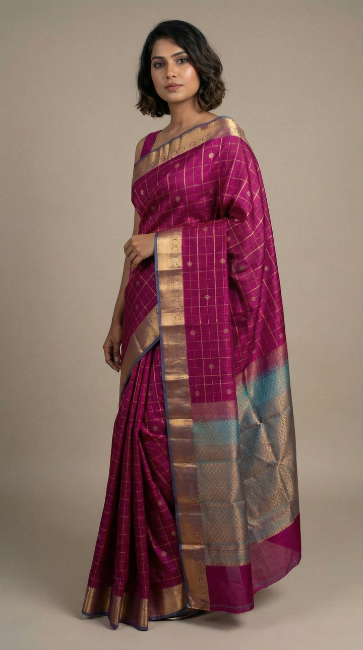 Orchid purple and Dual tone blue pure touch silk saree