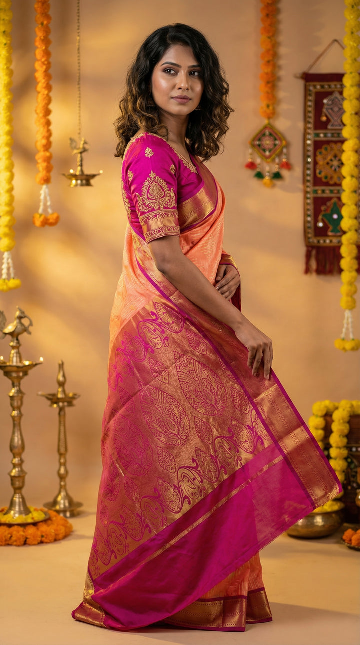 Orange And Purple Semi Silk Saree