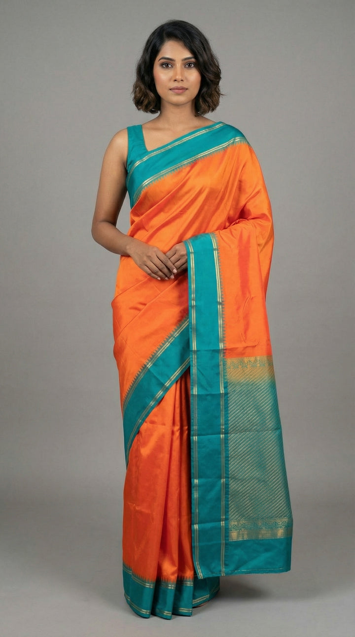 Orange and green semi soft silk saree