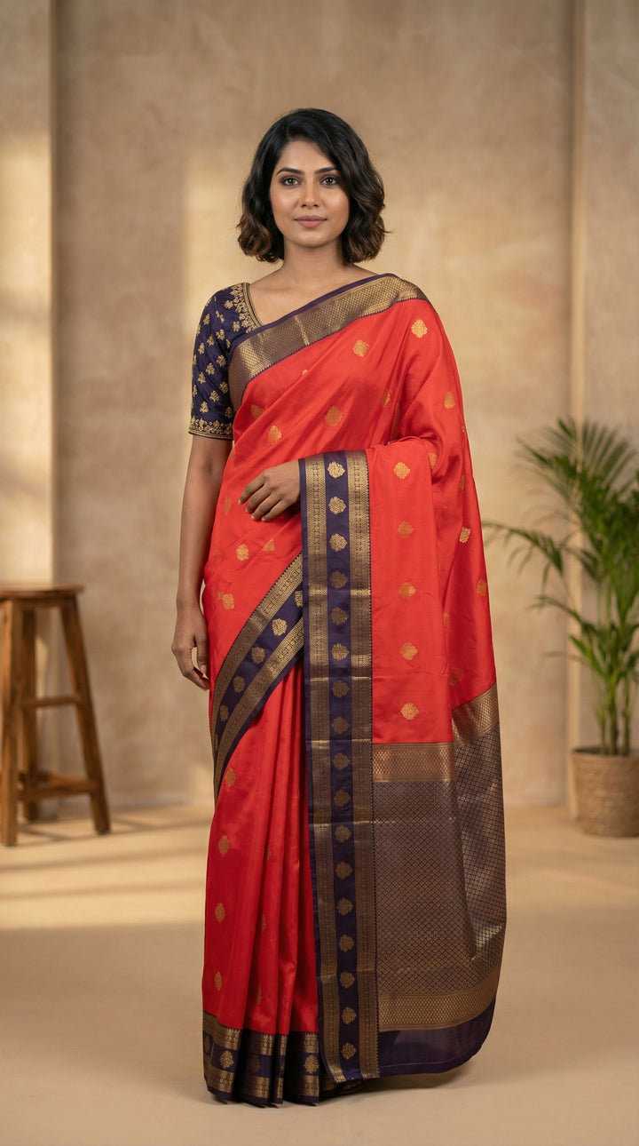 Neon orange and Eggplant Purple semi silk saree