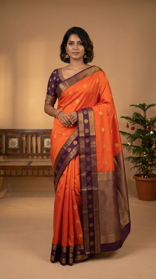 Neon orange and Eggplant purple Retta Patta Border semi silk saree