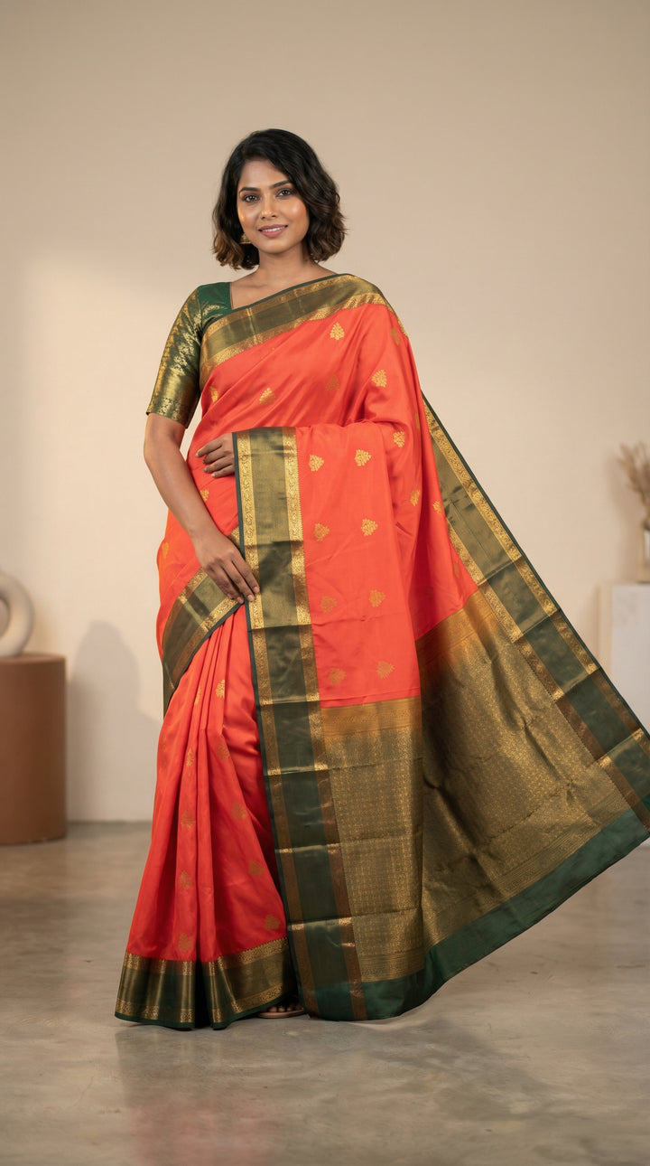 Neon Orange and Bottle green semi silk saree