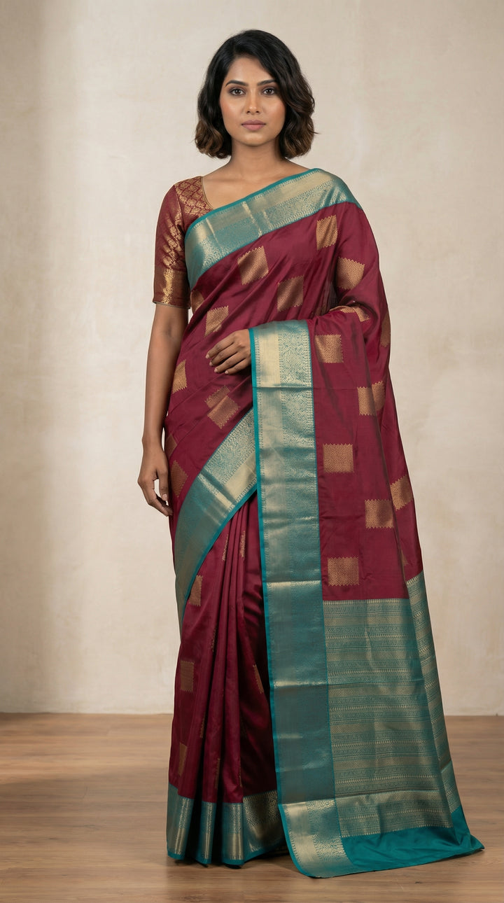 Maroon teal green semi silk saree