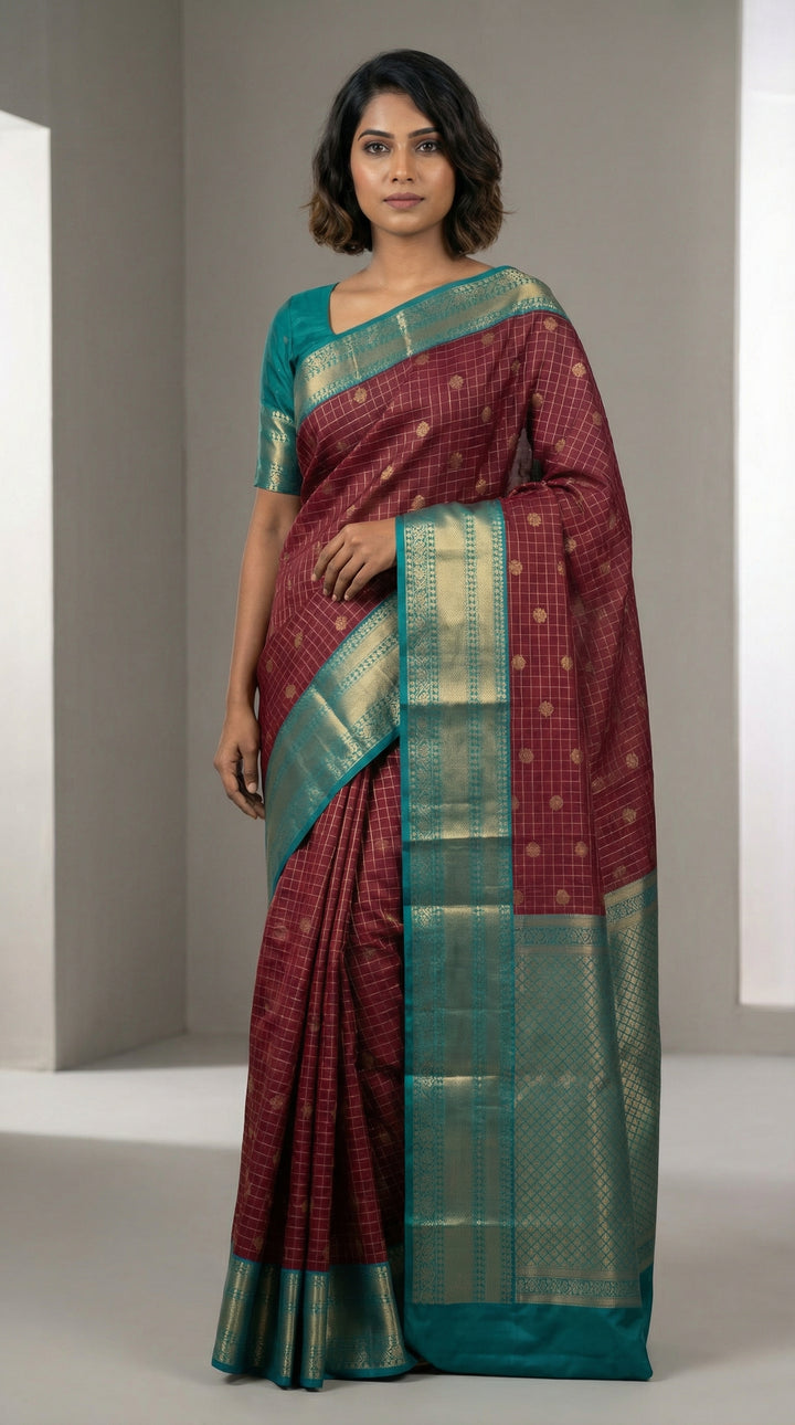 maroon and teal green semi silk saree