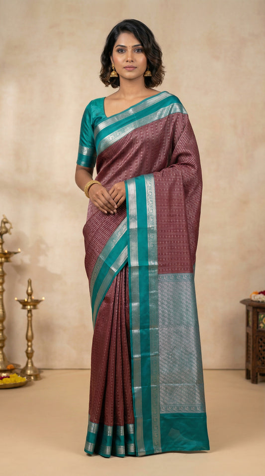 Maroon and Peacock green semi silk saree