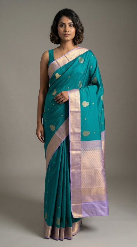 Dual tone Teal blue and Lilac Lavender Semi silk saree