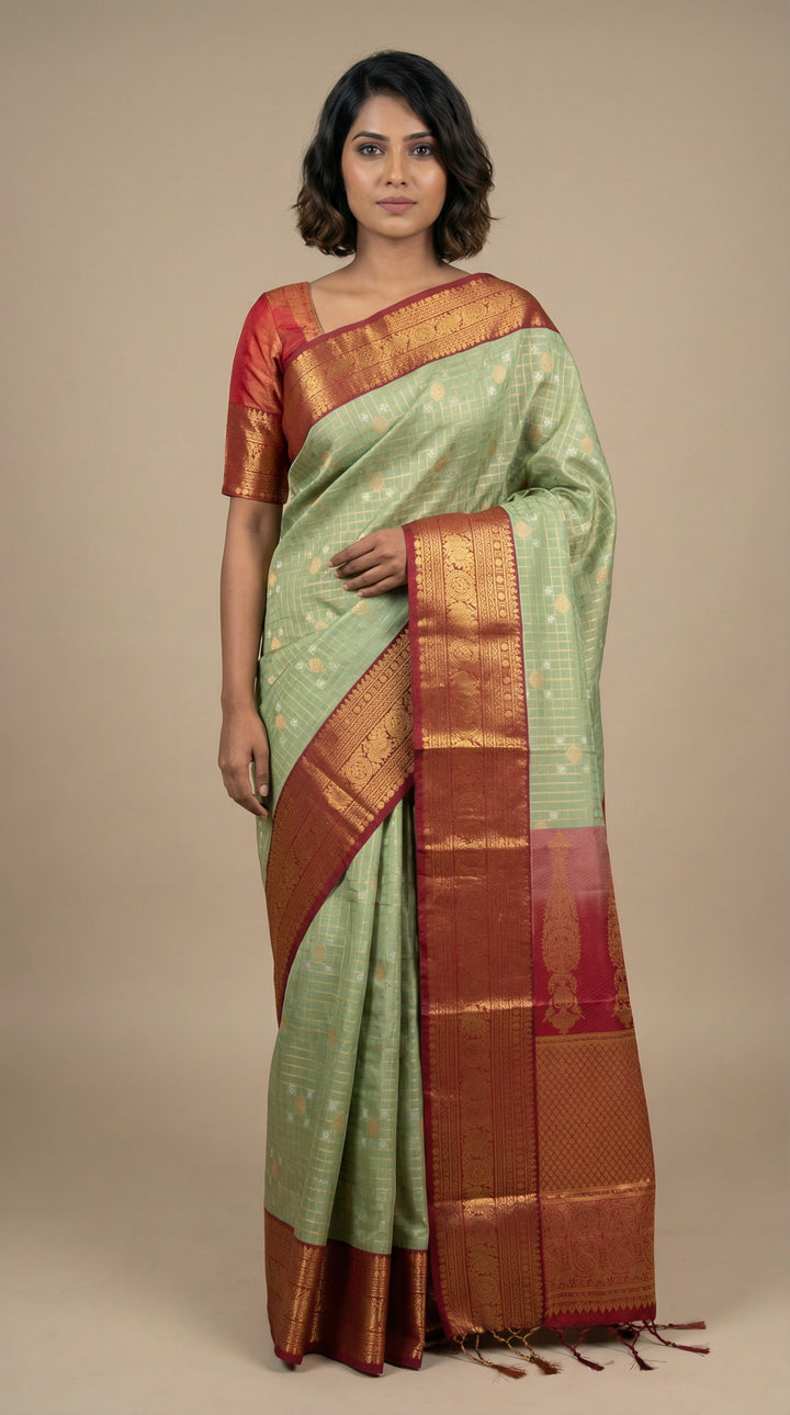 Grey green and Blood red kanchi soft silk saree