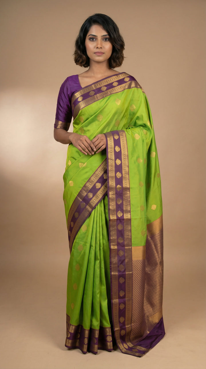 Lawn green and purple semi silk saree