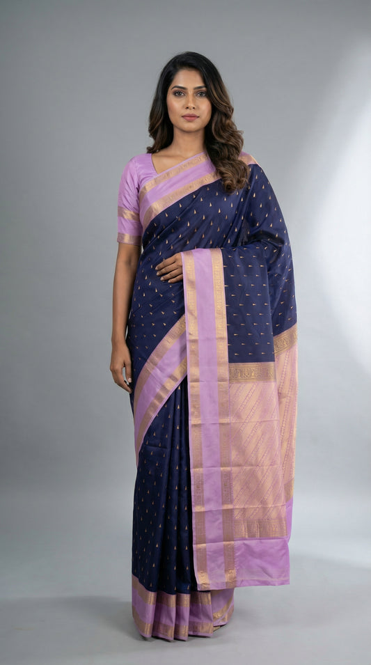 Navy Blue and Lavender Semi silk saree
