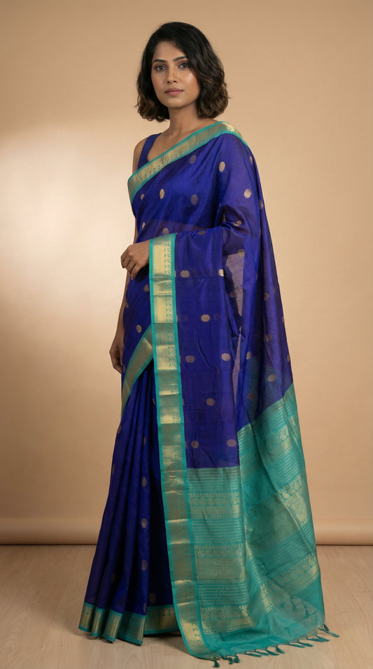 Royal Blue and Turquoise Blue kanchi Silk Cotton saree