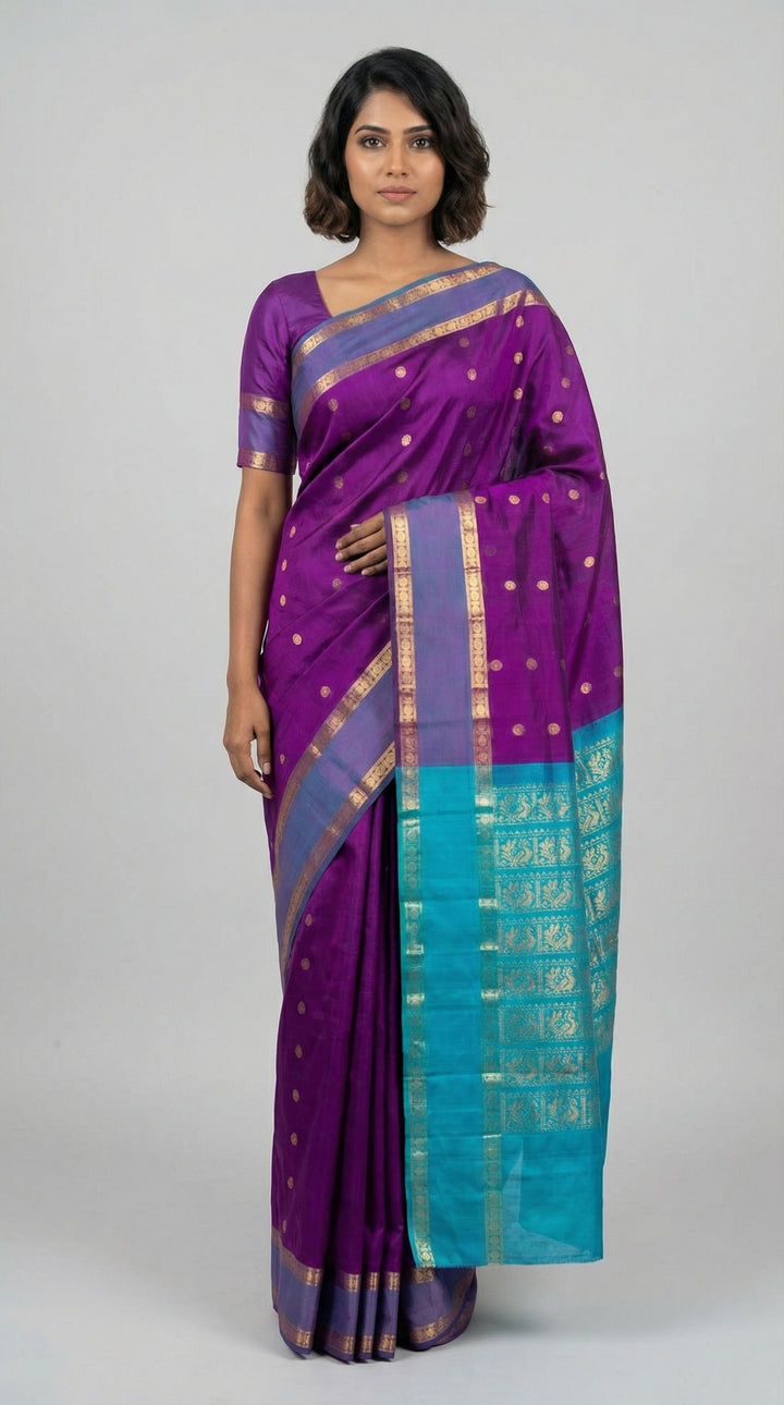 Purple and turquoise silk cotton saree