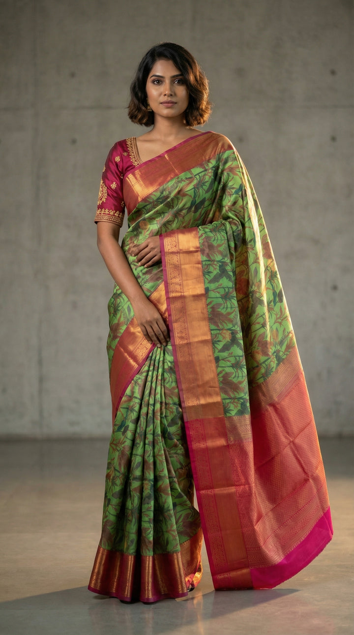Green digital printed semi silk saree