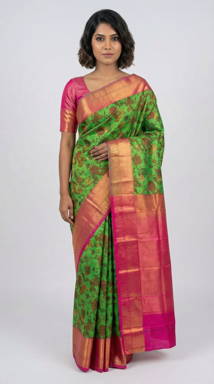 Green and pink digital printed semi silk saree