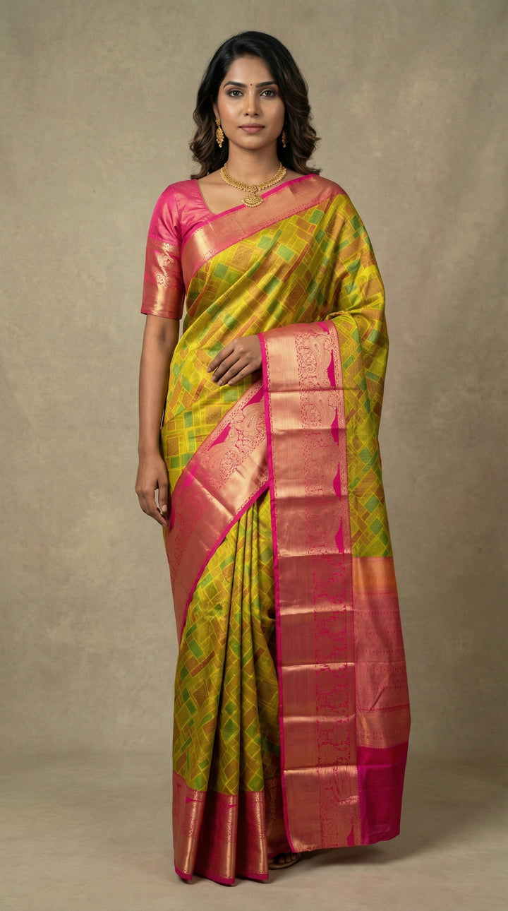 Green geometric digital printed semi silk saree